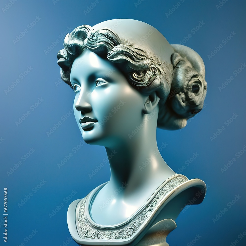 antique statue of a female head on a blue background. beauty of face and hair. antique statue of a female head on a blue background. beauty of face and hair.
