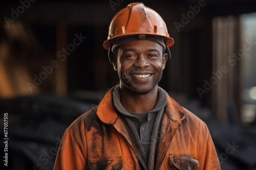 A smiling afro-american worker in uniform and helmet at a construction site poses for a portrait, on a dark background © Mikhail