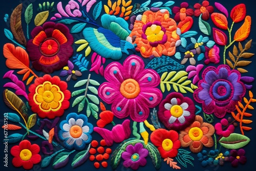 Bright colored fabric, flowers, and patterns, in the style of embroidery art, melds mexican and american cultures photo