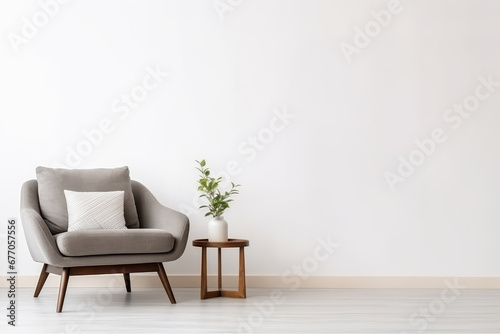 Bright living room in minimalist interior design with armchair and house plant  empty white wall space for mock up  copy space