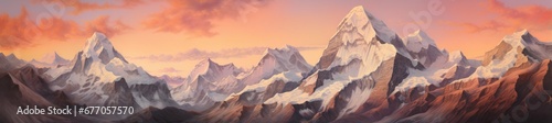 Painted Serenity: A Majestic Mountain Range Bathed in the Warm Glow of Sunset