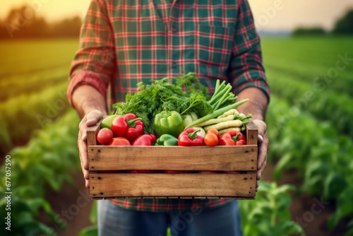 Close up view of a farmer holding wooden box full of fresh vegetables, on green field background in sunset.