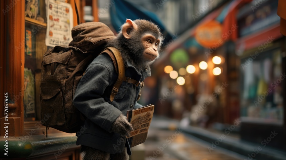 A monkey with a backpack on a street. Generative AI.