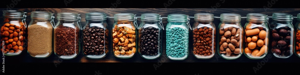 A row of glass jars filled with different types of nuts. Generative AI. A row of glass jars filled with different types of nuts. Generative AI.