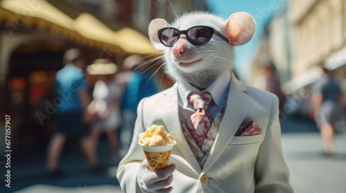 A rat in a suit and sunglasses eating an ice cream cone. Generative AI.