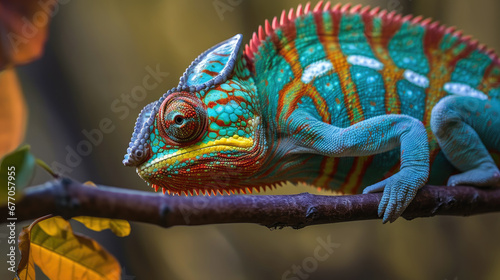 A multicolored chameleon perches on a tree branch in a green and gold-blurred background