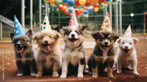 A group of puppies wearing party hats. Generative AI. photo