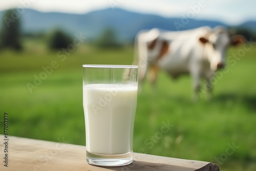 glass of milk in front of field with cow, AI generated photo