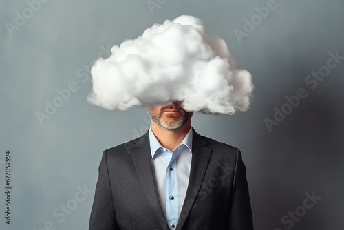 portrait of man with head in the cloud, AI generated