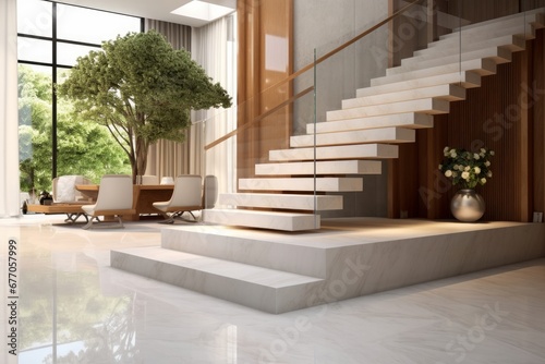 Luxury white marble floor, modern L shape wood cantilever stair staircase, tempered glass panel balustrades, tropical tree by dining table in sunlight, Generative AI © Moments Captured