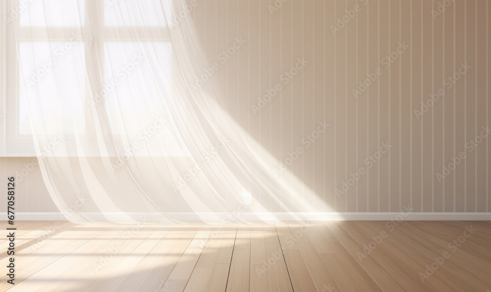 Blowing white sheer curtain, window, sunlight on blank vertical beige brown stripe wallpaper wall, parquet floor for interior design decoration, air flow ventilation home product, Generative AI - obrazy, fototapety, plakaty 