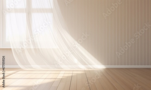 Blowing white sheer curtain, window, sunlight on blank vertical beige brown stripe wallpaper wall, parquet floor for interior design decoration, air flow ventilation home product, Generative AI photo