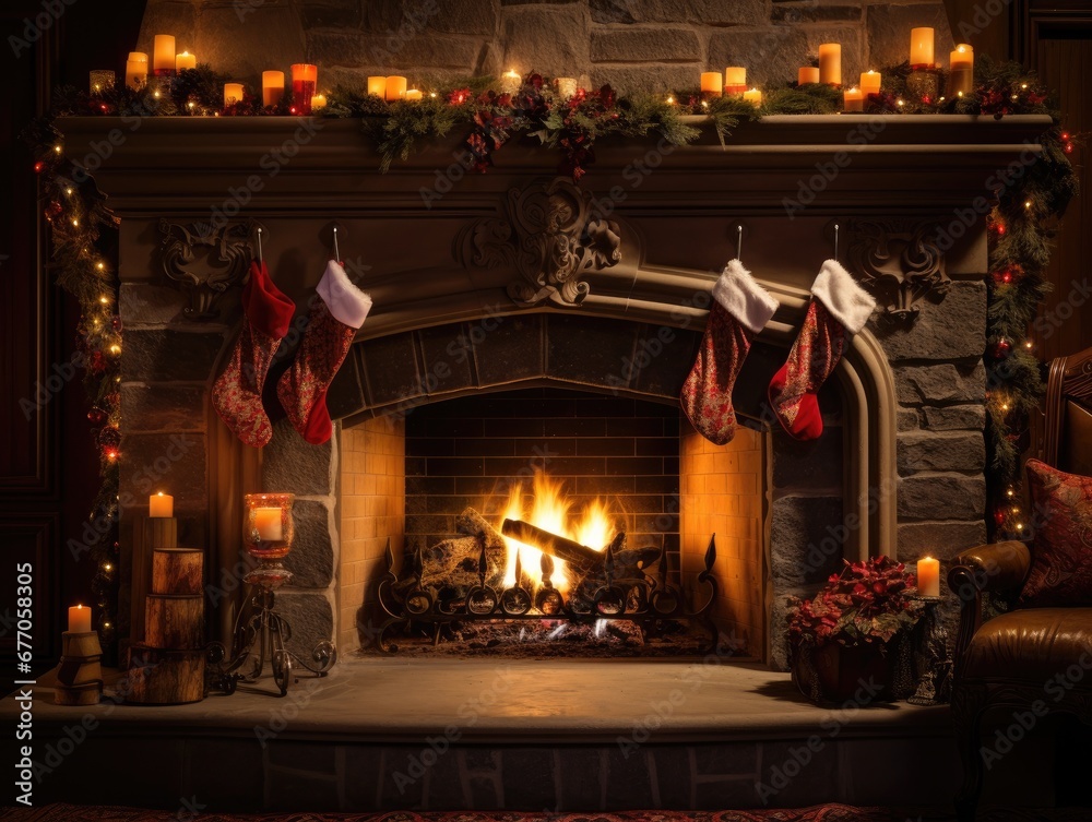 A fireplace with candles and stockings on it. Generative AI.