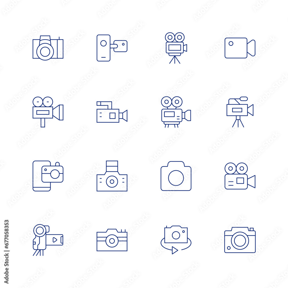 Camera line icon set on transparent background with editable stroke. Containing video camera, camera, switch camera, photo camera.