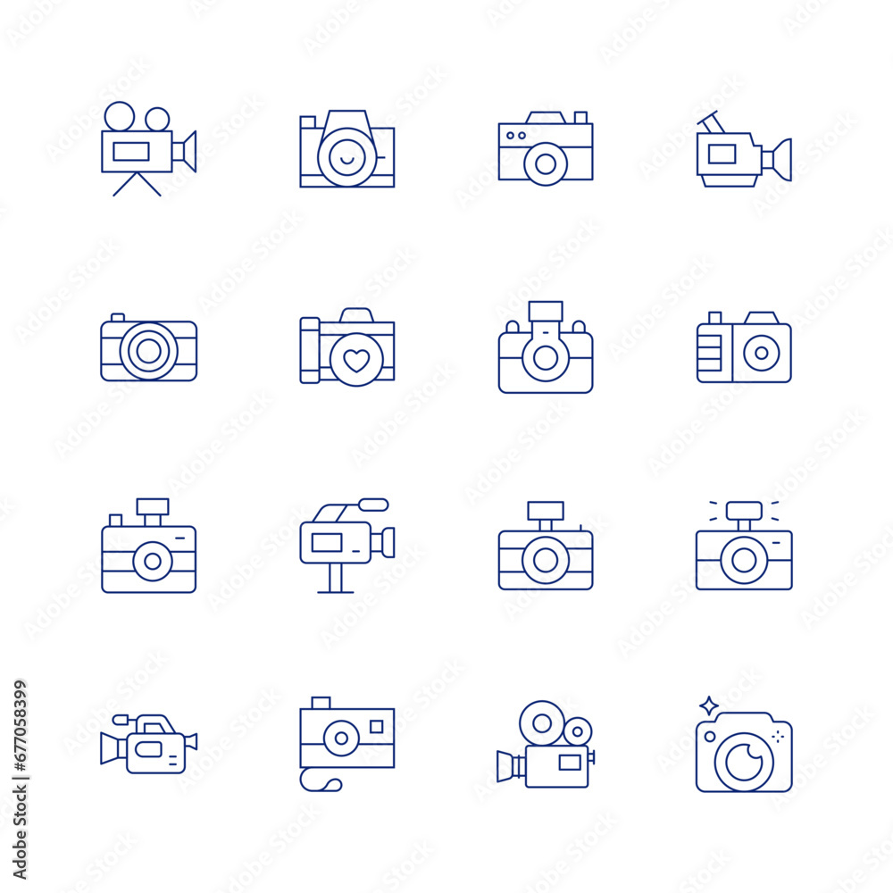Camera line icon set on transparent background with editable stroke. Containing video camera, photo camera, camera.