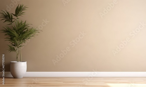 Blank beige brown wall in house with green tropical tree in white modern design pot, baseboard on wooden parquet in sunlight for luxury interior design decoration, Home appliance , Generative AI photo
