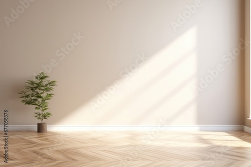 Empty luxury room with beige white wall in dappled sunlight from window  tree leaf shadow on wood chevron parquet for luxury interior design  decoration  home appliance  background  Generative AI