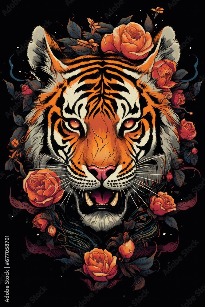 The Majestic Tiger with a Crown of Roses