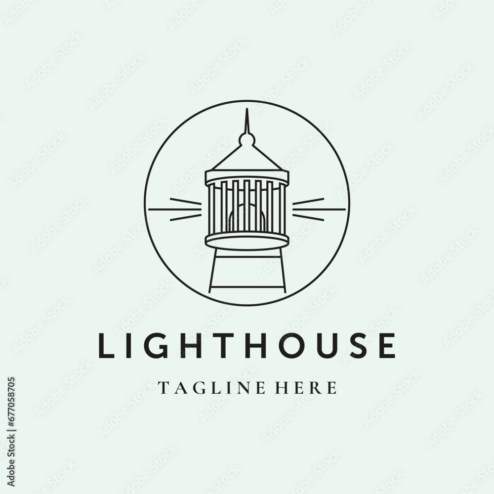 lighthouse iconic line art logo vector minimalist illustration design, lighthouse light sign symbol logo design