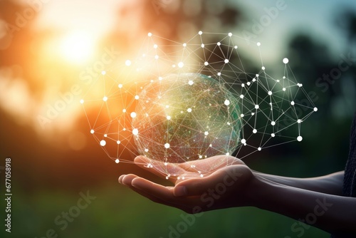 Man hands holding global network and data customer connection on nature background, Generative AI