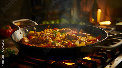 Close up of homemade spanish paella - pan of paella in kitchen 