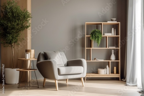 Wooden shelf unit and gray armchair. Scandinavian style interior design of modern living room. Generative AI