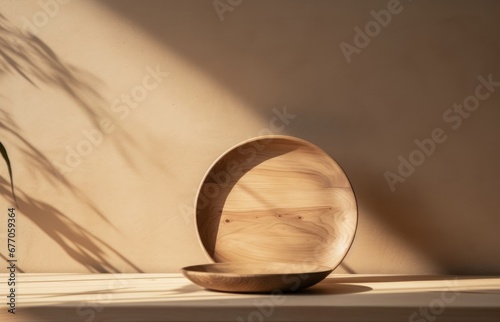 Rustic wood plate mockup and shadows on the wall. Background for food products cosmetics or jewelry. Front view, Generative AI