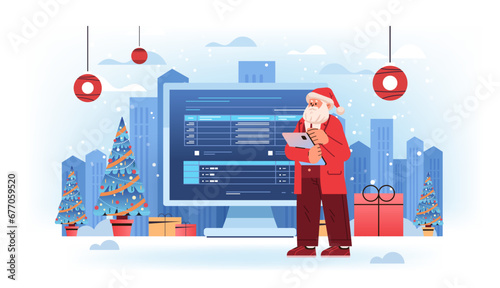santa claus in red costume analyzing financial data on charts planning report market analysis accounting happy new year merry christmas