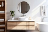 Wall-mounted vanity with white ceramic vessel sink. Interior design of modern scandinavian bathroom. Generative AI