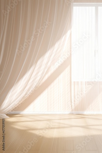 Blowing white sheer curtain, window, sunlight on blank vertical beige brown stripe wallpaper wall, parquet floor for interior design decoration, air flow ventilation product background, Generative AI