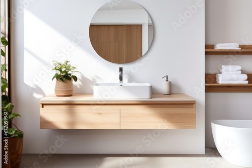 Wall-mounted vanity with white ceramic vessel sink. Interior design of modern scandinavian bathroom. Generative AI