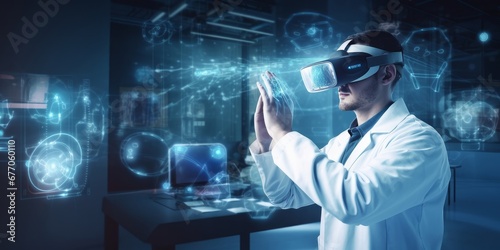 Medical technology. Health care, Medicine doctor using virtual reality headset with robots to research and testing result of patients on virtual interface, VR, innovation and science, Generative AI