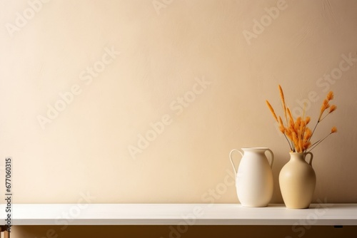 Home office desk with computer in the corner  design vase with dried flowers  cup with pencils  supplies against beige clay wall. Minimalist  Generative AI