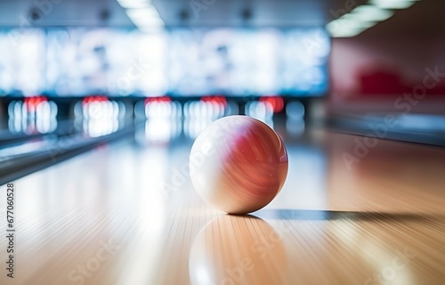 bowling ball rolls down a bowling alley to standing pins, bowling game concept