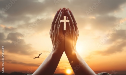 Man hands palm up praying and worship of cross, eucharist therapy bless god helping, hope and faith, christian religion concept on sunset background, Generative AI photo
