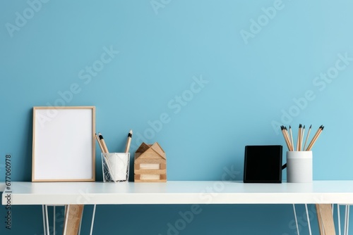 Home office desk with blue wall and white table mock up, Generative AI photo