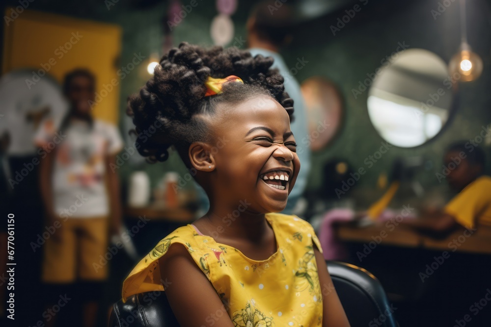American girl laughs at beauty salon after care. Happy female person. Generate Ai American girl laughs at beauty salon after care. Happy female person. Generate Ai