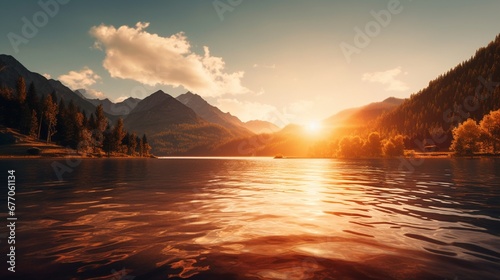 A sunset view over a mountain lake, with the sun casting golden hues on the water and silhouetting the surrounding mountain range.