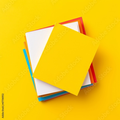 Stack of notebooks with blank cover on yellow table. Top view, Generative AI