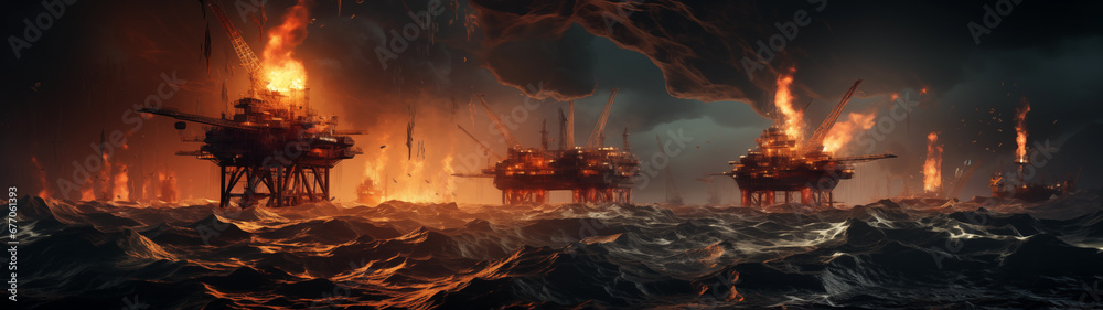 Ultra-wide photograph of a disaster on oil rigs in the sea, the concept of an environmental disaster, a threat to the life of marine life. Banner