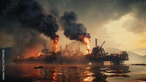 Dramatic photograph of a disaster on oil rigs in the sea, the concept of an environmental disaster, a threat to the life of marine life