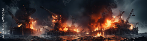Ultra-wide photograph of a disaster on oil rigs in the sea  the concept of an environmental disaster  a threat to the life of marine life. Banner