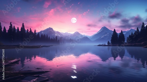 A serene evening scene at a high-altitude lake, with the sky transitioning from blue to pink and purple hues, reflecting in the still water.