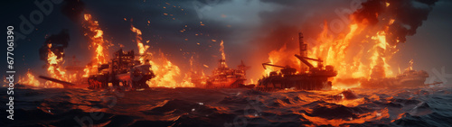 Ultra-wide photograph of a disaster on oil rigs in the sea, the concept of an environmental disaster, a threat to the life of marine life. Banner