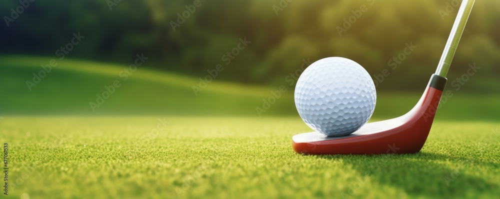 Golf ball on tee and golf club with fairway green background. Sport and athletic concept. 3D illustration rendering, Generative AI - obrazy, fototapety, plakaty 
