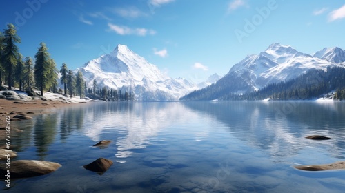 A tranquil mountain lake in early spring, with melting snow patches around and reflecting a clear blue sky in its still waters.