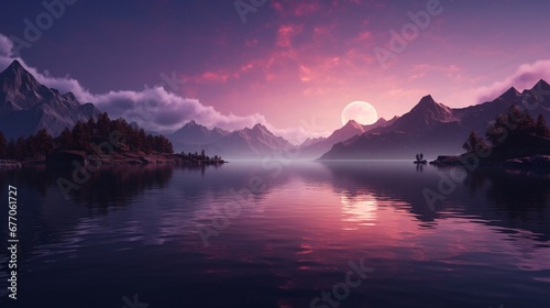 A twilight scene over a calm lake with a mirror-like reflection of the surrounding mountains, and the sky transitioning from orange to purple hues.
