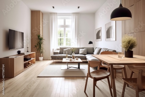 Studio apartment with dining table and chairs. Scandinavian interior design of modern living room. Generative AI