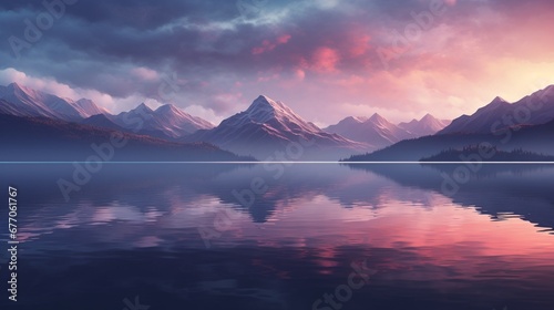 A twilight scene over a calm lake with a mirror-like reflection of the surrounding mountains, and the sky transitioning from orange to purple hues.