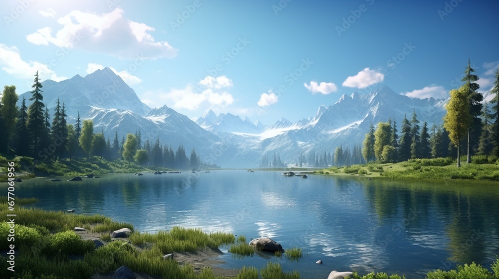 A vast mountain lake in a valley, with a wide panoramic view of the surrounding forested mountains and a clear, sunny sky.